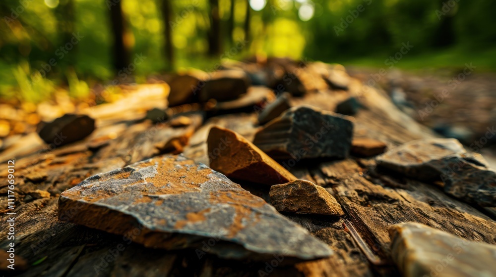 Close-up of ancient stone tools, sharp flint knives, and polished axes on a weathered wooden surface, symbolizing prehistoric craftsmanship and the dawn of human ingenuity Close-up of ancient stone tools, sharp flint knives, and polished axes on a weathered wooden surface, symbolizing prehistoric craftsmanship and the dawn of human ingenuity