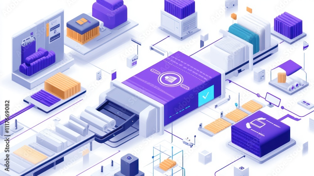 Isometric illustration of a factory automation process with conveyor belts, robots, and a control panel. Isometric illustration of a factory automation process with conveyor belts, robots, and a control panel.