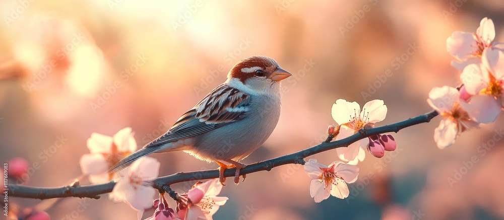 A small bird sits on a branch of a tree with pink flowers in bloom. The sun is setting in the background, casting a warm glow over the scene. A small bird sits on a branch of a tree with pink flowers in bloom. The sun is setting in the background, casting a warm glow over the scene.