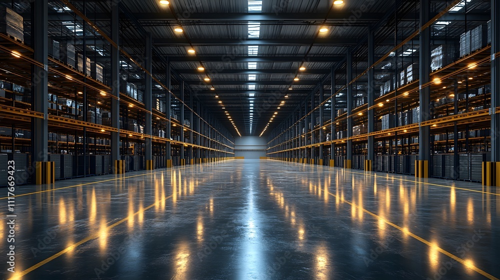 Spacious and modern empty warehouse with steel shelving and polished floors in 3D design Spacious and modern empty warehouse with steel shelving and polished floors in 3D design