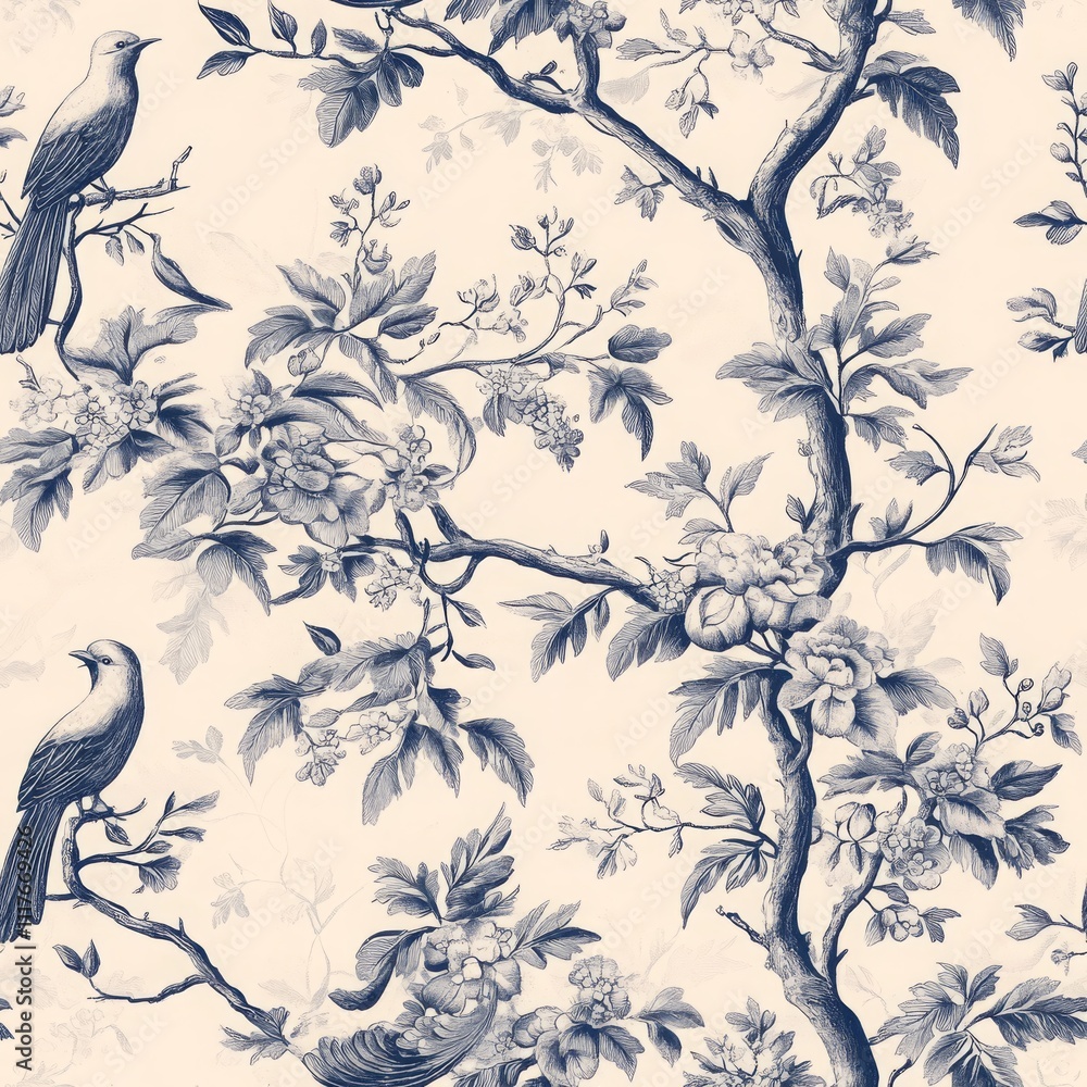Fototapeta premium Intricate Floral and Bird Seamless Pattern Design