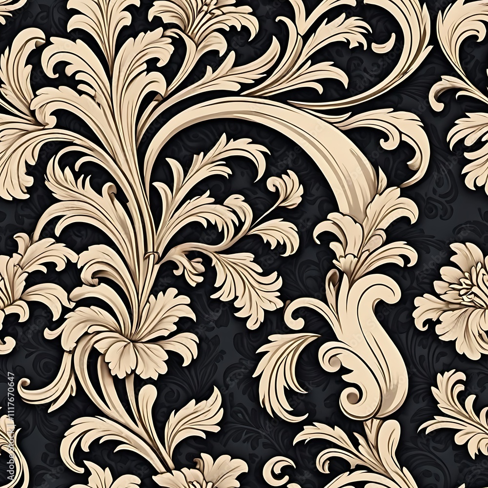 Regal Damask Pattern: Elegant beige floral damask pattern on a dark background. Perfect for luxurious designs and sophisticated projects. Regal Damask Pattern: Elegant beige floral damask pattern on a dark background. Perfect for luxurious designs and sophisticated projects.