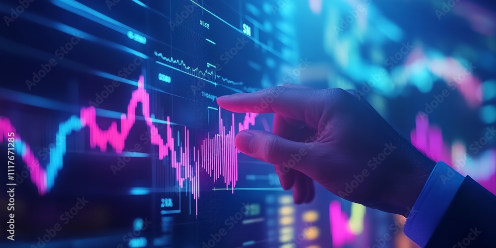 Man touching Digital financial data visualization with business graphs and bar charts Man touching Digital financial data visualization with business graphs and bar charts