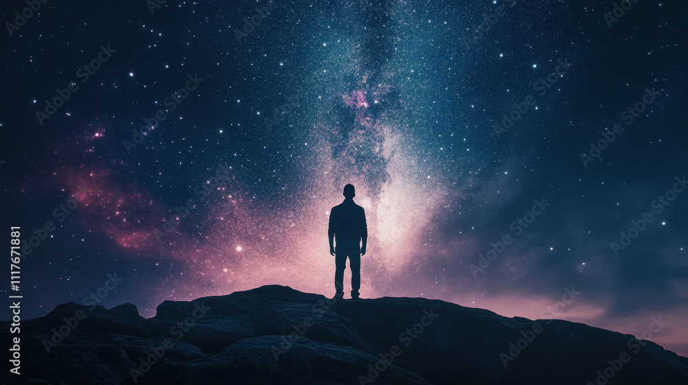 Fototapeta premium Silhouette of a person on a rock gazing at a stunning starry sky, with the Milky Way vividly illuminating the night scene, evoking wonder and solitude.