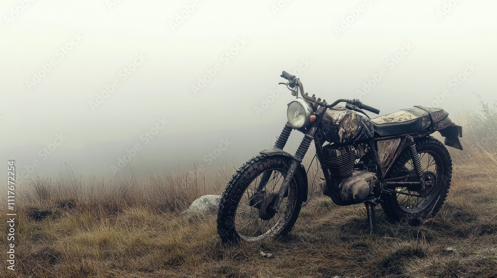 A rugged stock motorbike with a frayed seat cover and dented side panel, on a misty hillside, A rugged stock motorbike with a frayed seat cover and dented side panel, on a misty hillside,