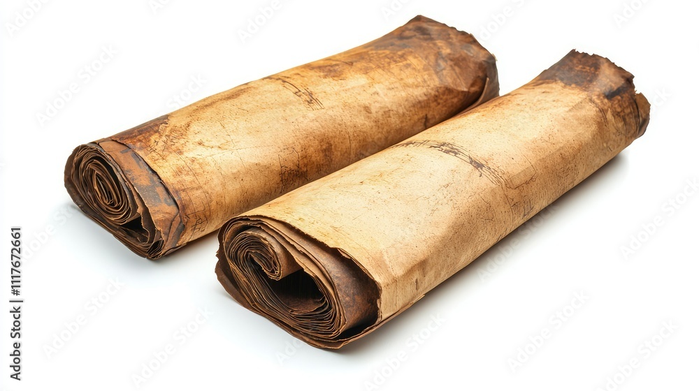 Two aged, rolled parchment scrolls isolated on white. Two aged, rolled parchment scrolls isolated on white.