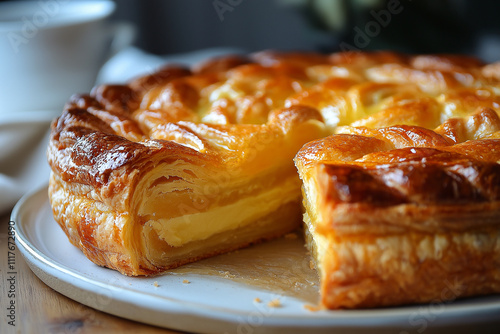 Photo réaliste d'une galette des rois dorée et feuilletée avec garniture de frangipane, posée sur une table en bois rustique pour célébrer l'Épiphanie