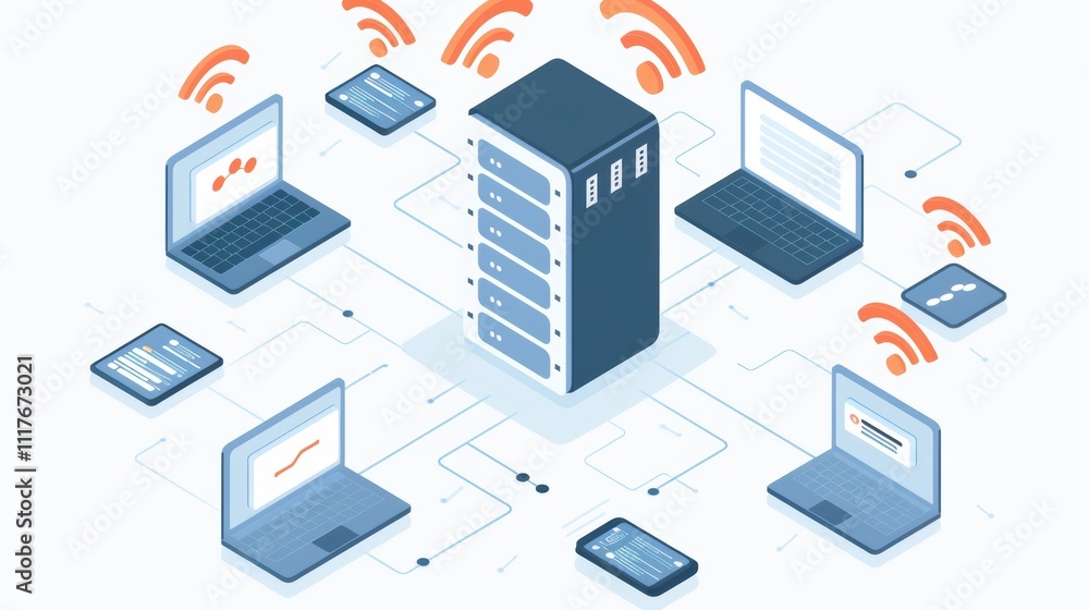 Illustration of a server connected to multiple devices via wireless signals. Illustration of a server connected to multiple devices via wireless signals.