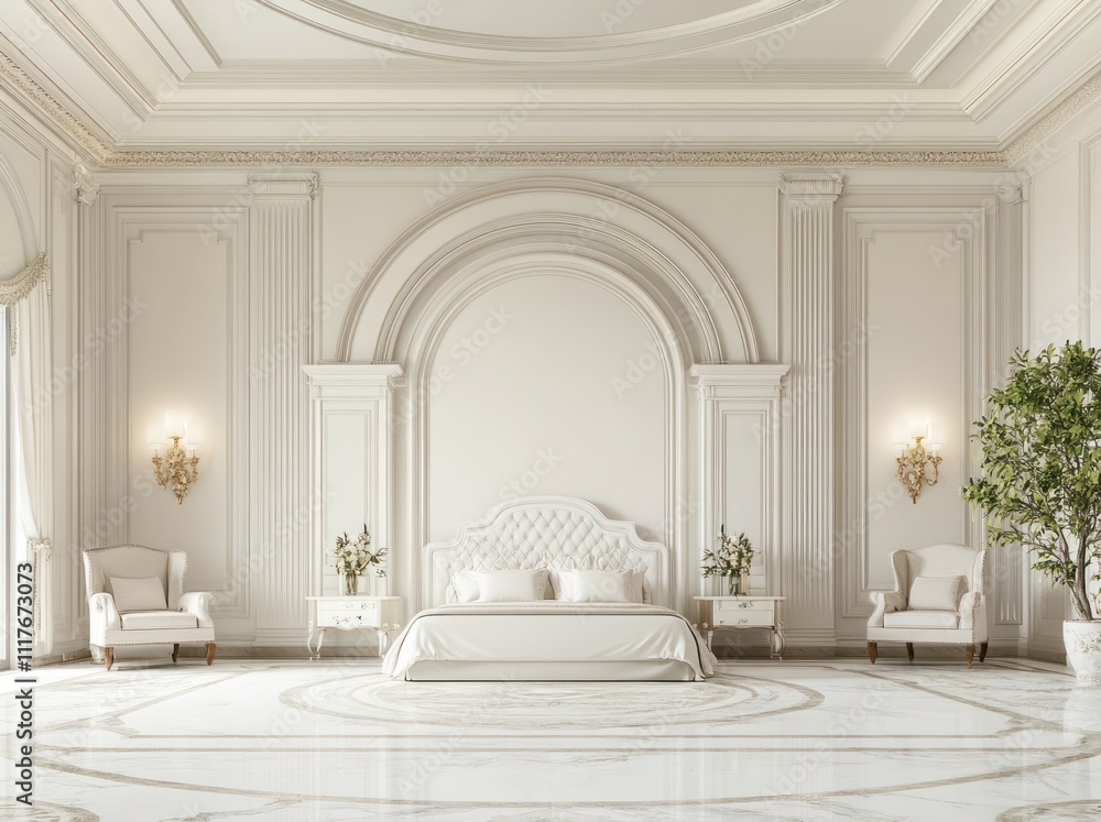 Obraz premium Luxurious white bedroom with arched wall, marble floor, and elegant furniture.