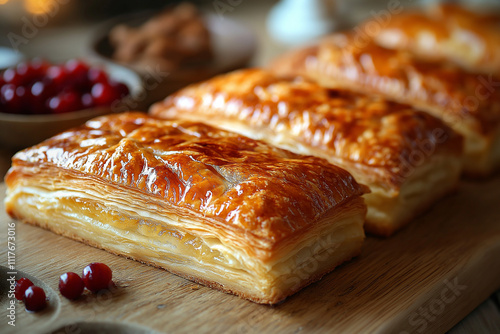 Photo réaliste d'une galette des rois dorée et feuilletée avec garniture de frangipane, posée sur une table en bois rustique pour célébrer l'Épiphanie photo