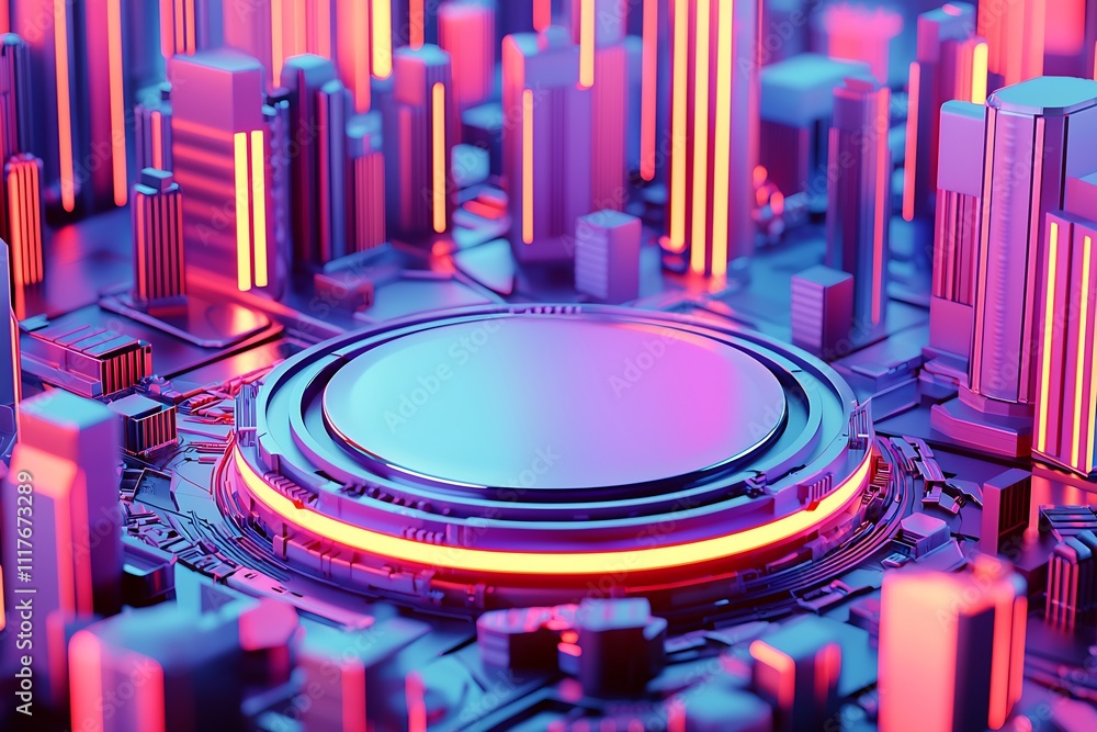 Fototapeta premium Futuristic Neon Circuit Cityscape with Glowing Skyscrapers and Technology : Generative AI