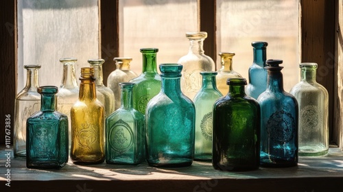 A collection of antique glass bottles in varying shades of green and blue, glowing in soft sunlight 