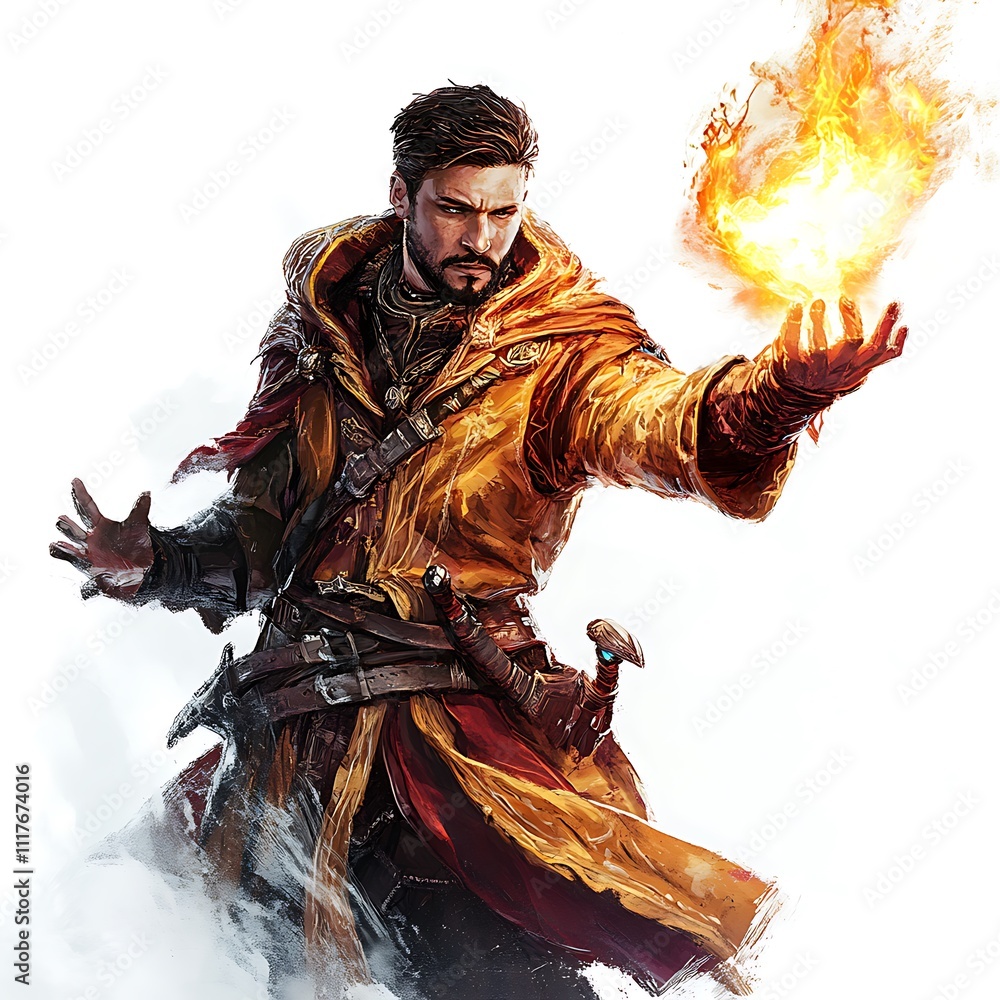 Fototapeta premium Gaming mage casting fire spells with a glowing staff on a white background