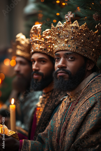 Portraits des trois rois mages en costumes et couronnes dorées, avec des cadeaux et une ambiance festive d'Épiphanie, éclairée par des bougies