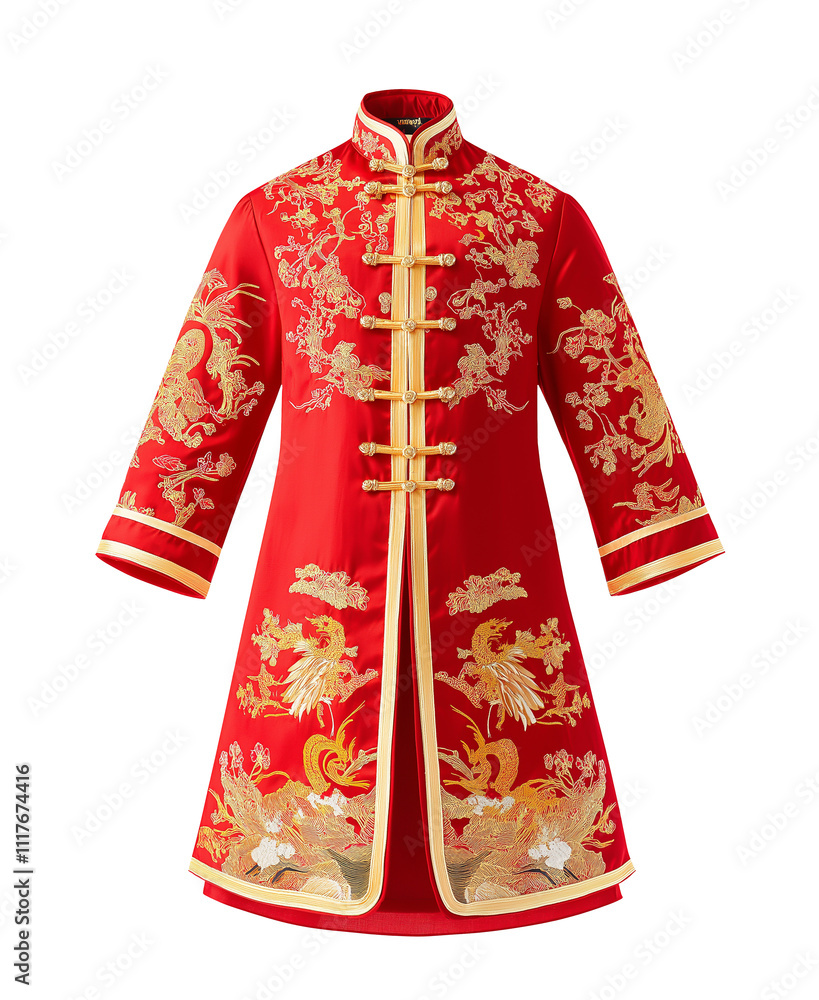 Naklejka premium Chinese new year tradition cheongsam for men, red and golden beauty dress, cutout png