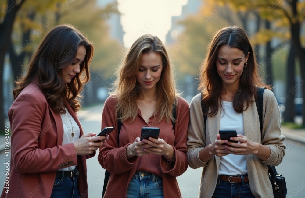 Fototapeta premium Diverse Female Friends Enjoying Urban Lifestyle: Multicultural Women Using Smartphones on Vibrant City Street