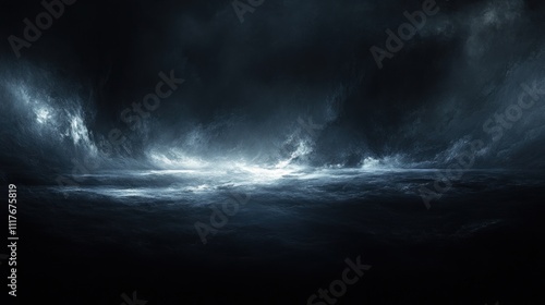 A dark, moody seascape with turbulent waves and stormy skies, evoking a sense of mystery.