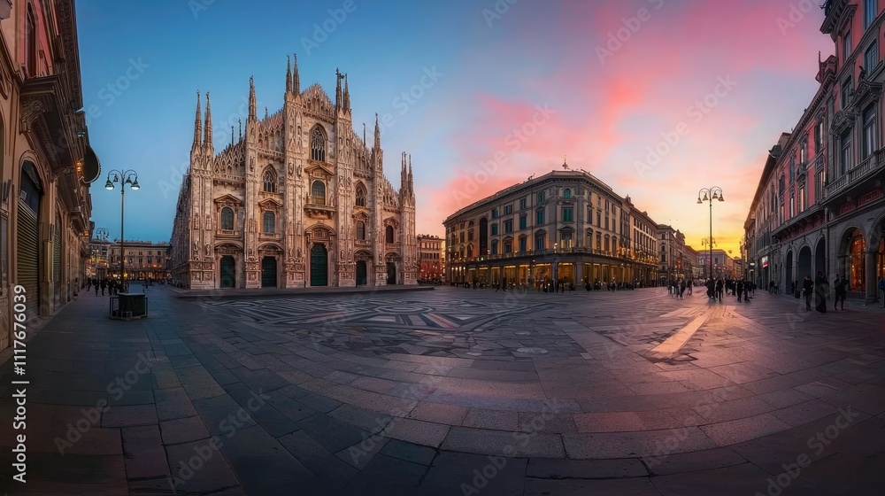 Naklejka premium Duomo Milan sunset cityscape panorama.