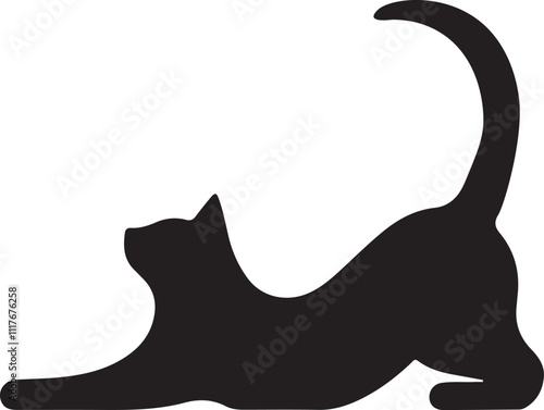 Discover an elegant silhouette of a stretching black cat for your design projects.