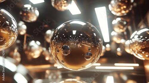 3D geometric orbs and cubes, reflective surfaces, futuristic lighting