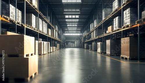 Wallpaper Mural Efficient Warehouse Interior with Stacked High Shelves and Cardboard Boxes : Generative AI Torontodigital.ca