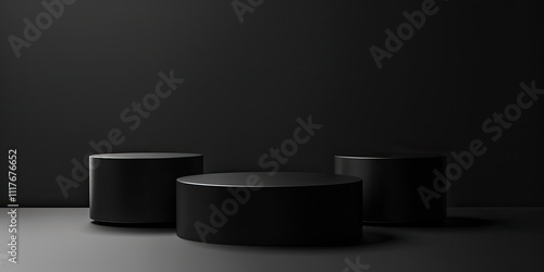 Black background with golden lines and podium for product presentation, abstract luxury geometric design template with round platform for display, 3D render mockup concept