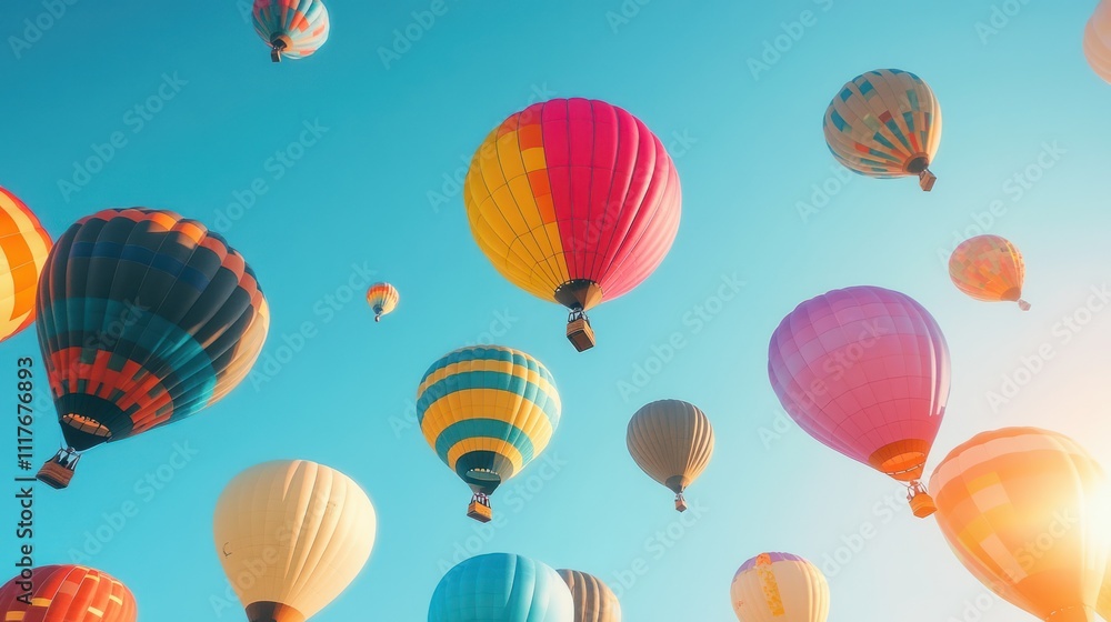Obraz premium A vibrant array of colorful hot air balloons float against a bright blue sky with the sun shining through.