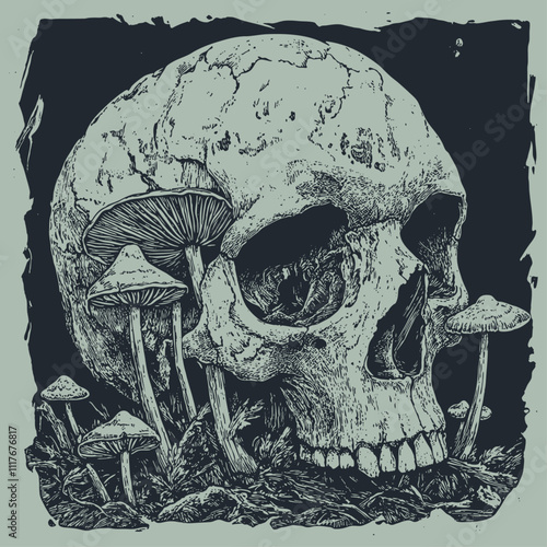 An illustration of a human skull with mushrooms growing through it, in an engraving style, vector illustration.