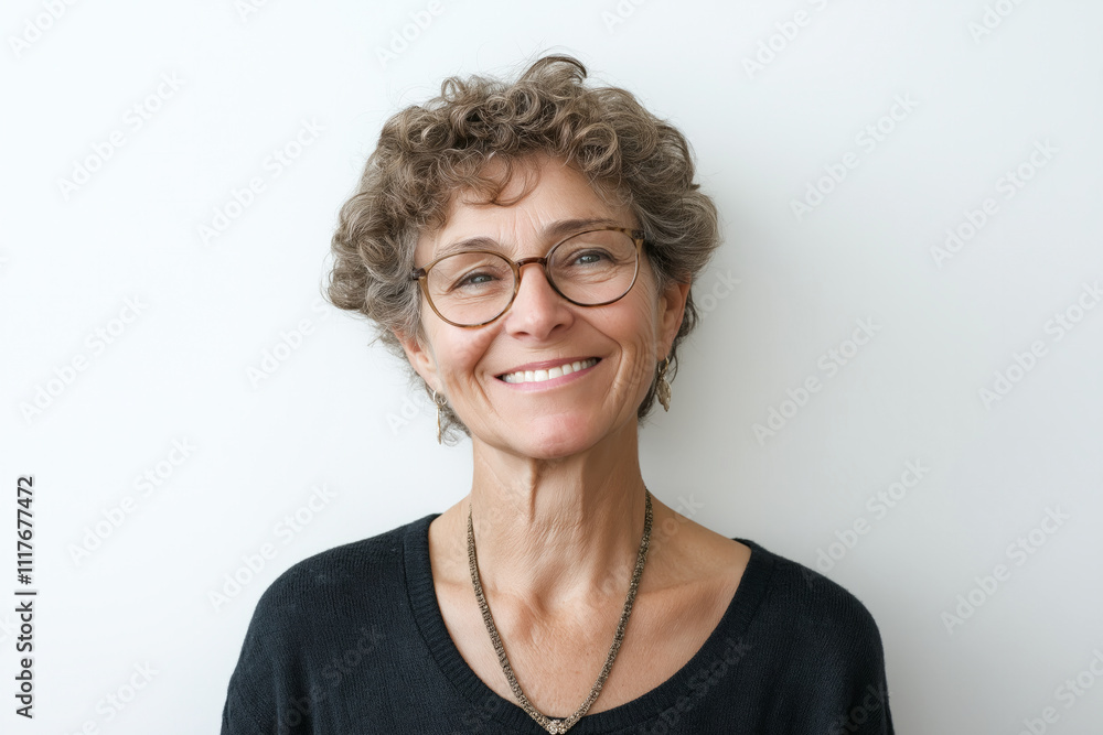 Cheerful elderly woman with short curly gray hair and glasses, wearing a dark sweater and necklace, posing against a light neutral background with a bright smile. Cheerful elderly woman with short curly gray hair and glasses, wearing a dark sweater and necklace, posing against a light neutral background with a bright smile.