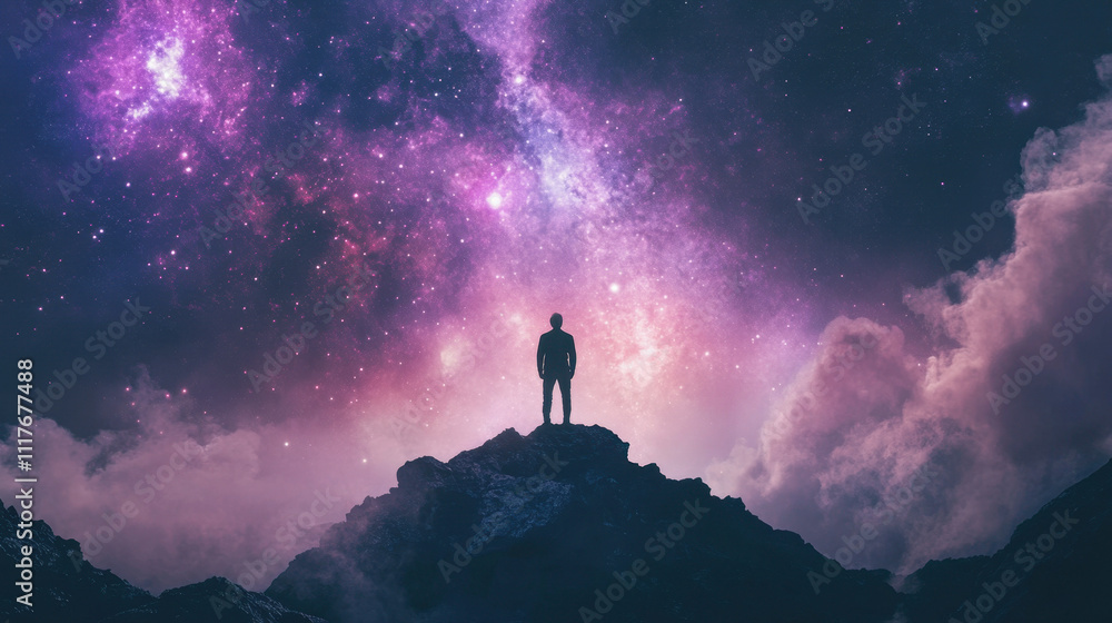 Silhouette of a person standing on a mountain peak, gazing at a vibrant, colorful galaxy in the night sky, symbolizing wonder and exploration in nature. Silhouette of a person standing on a mountain peak, gazing at a vibrant, colorful galaxy in the night sky, symbolizing wonder and exploration in nature.