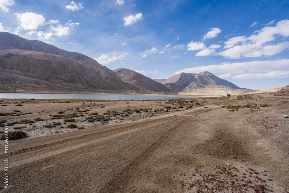 Fototapeta premium Scenic mountain landscape view of high altitude Khargush Pass in summer, Gorno-Badakhshan, Tajikistan Pamir
