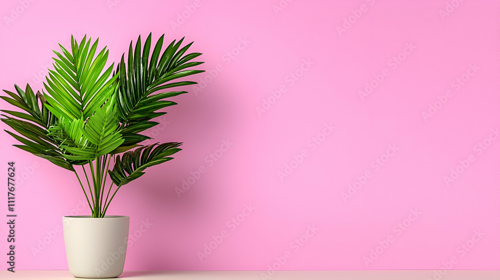 A vibrant green potted plant set against a soft pink background, adding a fresh and modern touch to the decor. A vibrant green potted plant set against a soft pink background, adding a fresh and modern touch to the decor.