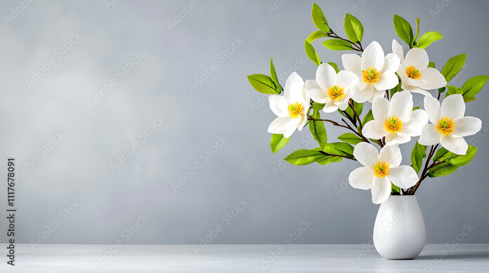 A serene arrangement of white flowers in a simple vase, set against a soft gray background, evoking elegance and tranquility. A serene arrangement of white flowers in a simple vase, set against a soft gray background, evoking elegance and tranquility.