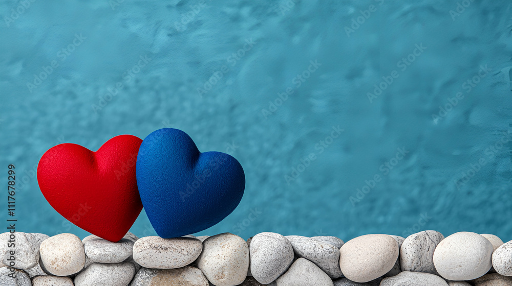 Two colorful hearts, one red and one blue, rest against a stone wall with a serene blue background, symbolizing love and connection. Two colorful hearts, one red and one blue, rest against a stone wall with a serene blue background, symbolizing love and connection.