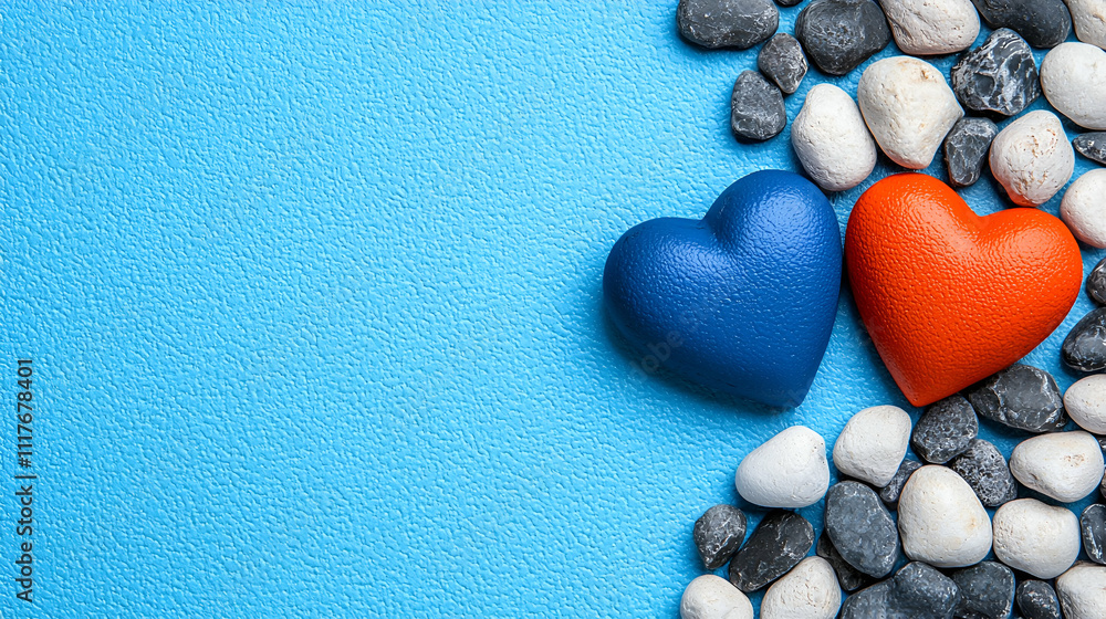 Two colorful hearts, one blue and one red, are placed among smooth pebbles on a vibrant blue background, symbolizing love and connection. Two colorful hearts, one blue and one red, are placed among smooth pebbles on a vibrant blue background, symbolizing love and connection.