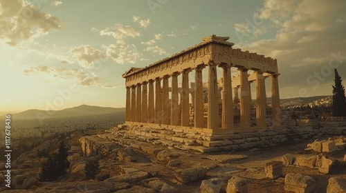 Ancient Greek temple at sunset, overlooking city.