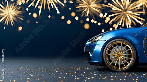 A sleek blue car with golden wheels sits amidst a backdrop of celebratory fireworks and shimmering confetti.