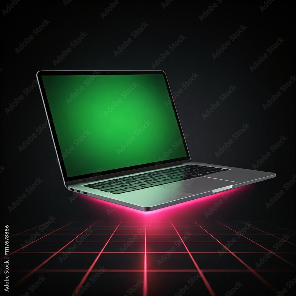 laptop computer flying over laser perspective grid, green display screen laptop computer flying over laser perspective grid, green display screen