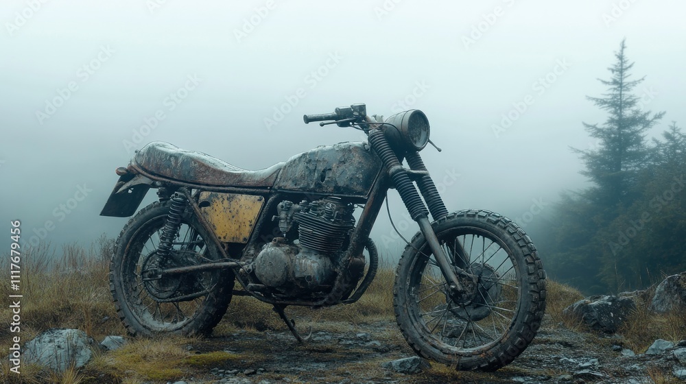 A rugged stock motorbike with a frayed seat cover and dented side panel, on a misty hillside, A rugged stock motorbike with a frayed seat cover and dented side panel, on a misty hillside,