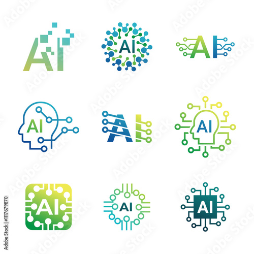 Set of Artificial intelligence AI processor chip icon.