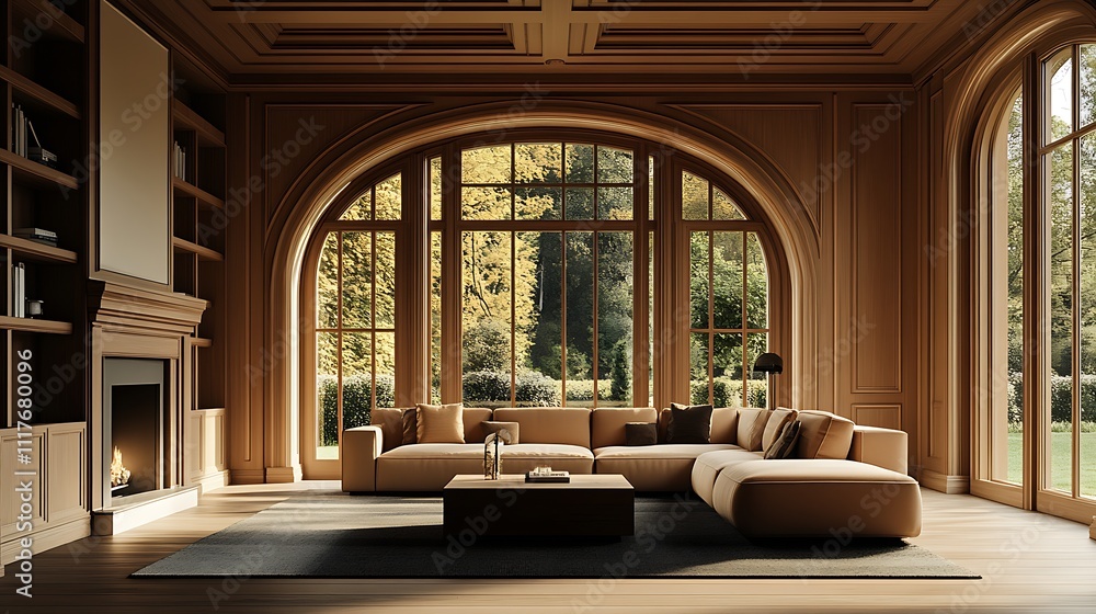 Fototapeta premium Warm Inviting Interior Living Room with Large Arched Windows and Stunning View of Nature : Generative AI