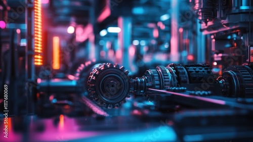 Industrial Machinery Gears Under Neon Lights