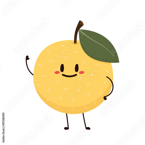 Asian pear character. Asian pear whole fruit and half isolated on white background. Vector illustration of tropical exotic fruits in flat style.