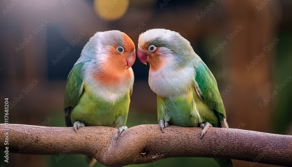 Obraz premium Lovebirds Perched in Harmony: Two brightly colored lovebirds perched closely on a branch, their heads tilted to form a heart.