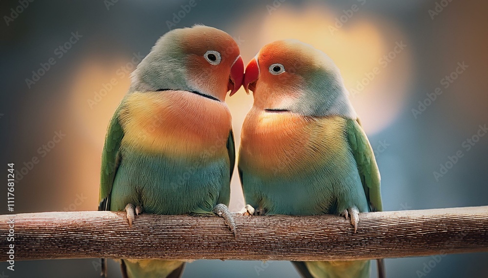 Obraz premium Lovebirds Perched in Harmony: Two brightly colored lovebirds perched closely on a branch, their heads tilted to form a heart.