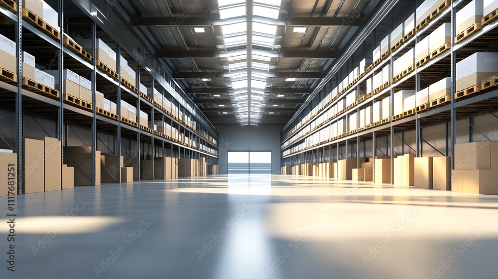 Large Industrial Warehouse Interior with Shelves and Natural Sunlight through Roof Windows : Generative AI Large Industrial Warehouse Interior with Shelves and Natural Sunlight through Roof Windows : Generative AI