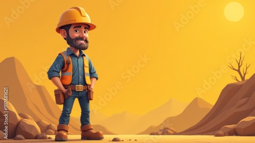 Banner with cartoon male miner standing on the left and looking at the camera portrait