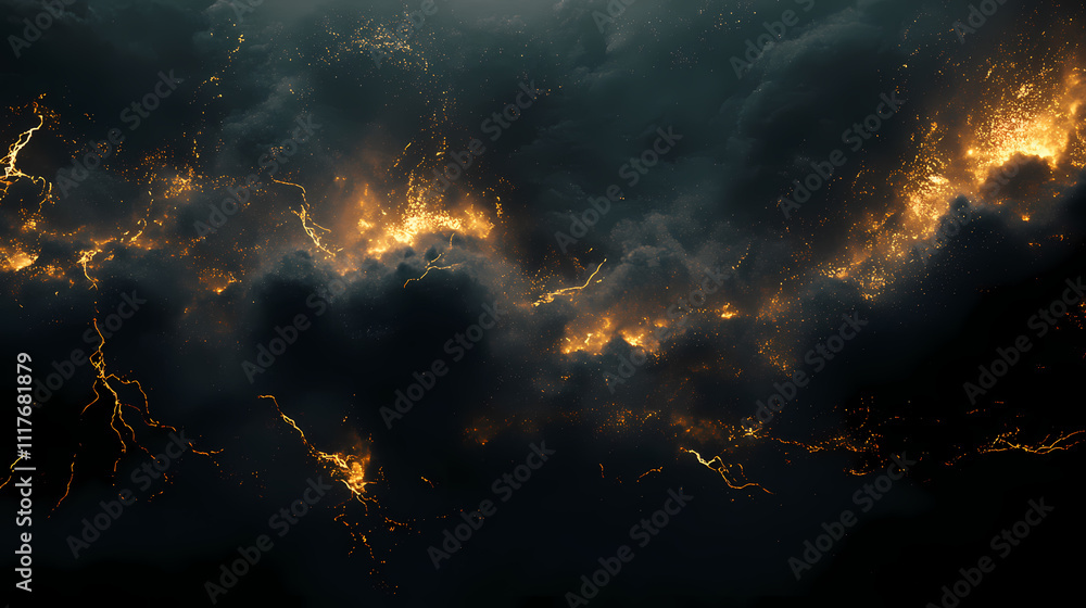 Fototapeta premium Dramatic Sky: A celestial panorama of swirling clouds and intense lightning strikes, painting a powerful scene in shades of gold and dark shadows, evoking awe and wonder.