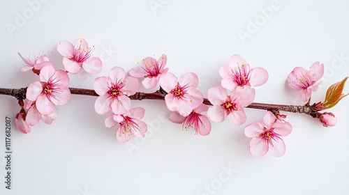 Pink blossom branch on white background.