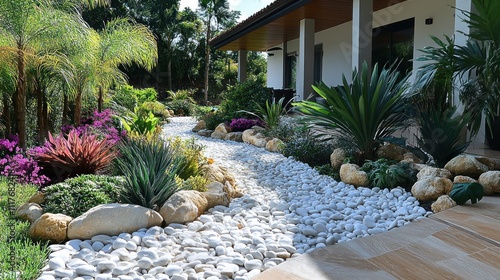 Lush tropical garden path with white pebbles, diverse plants, and modern house.
